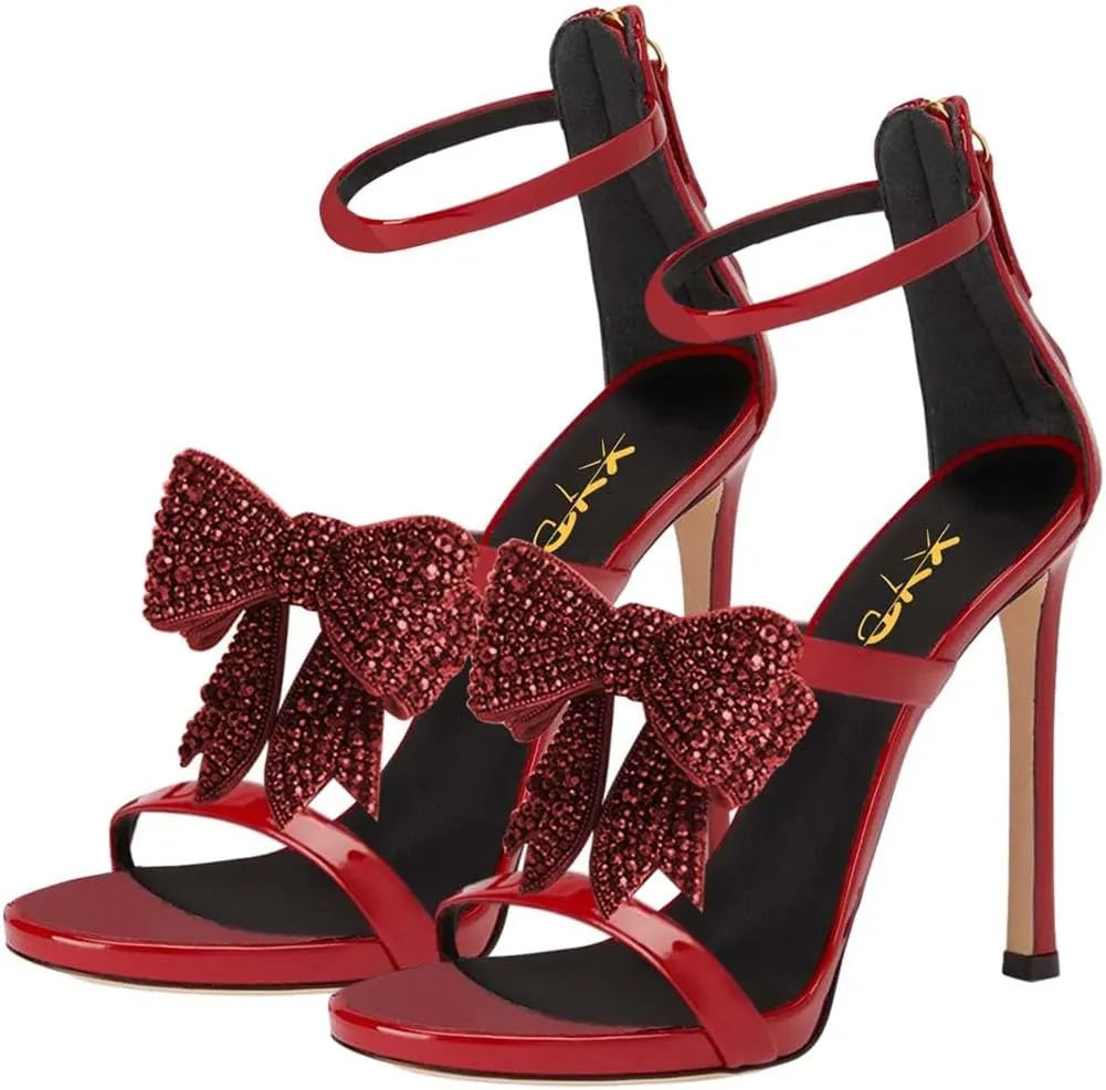 XYD Women's Glamorous Sandals Crystal Bowtie Multi Straps Open Toe Slim High Heels Party Event Shoes with Rear Zip