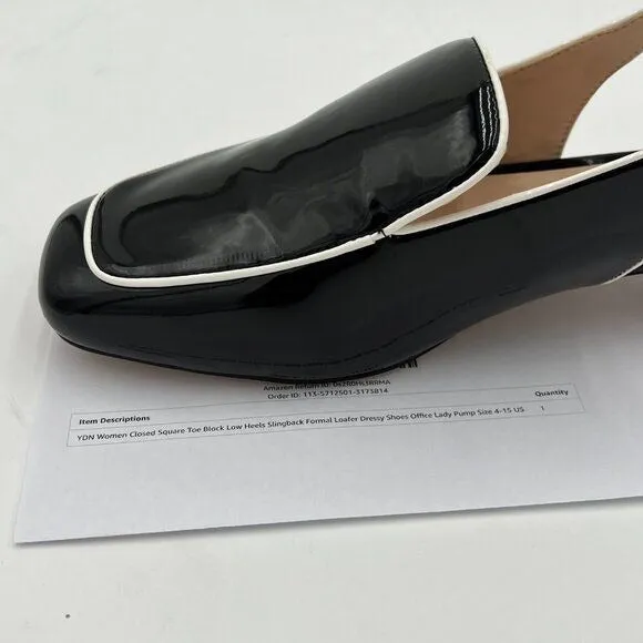 YDN Black Square Toe Block Low Heels Slingback Formal Loafer Lady Pump