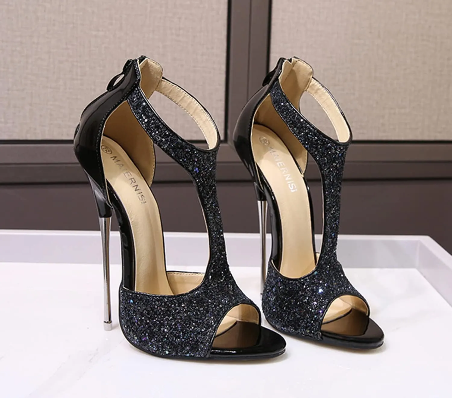 YHTootW 16CM/6.29IN Heels Stilettos High-Heeled Sandals Glitter Crystal Sequined Stilettos High Heels T-Strap Sandals Metal Heel Plus Size Dress Up Nightclub Sexy Catwalk