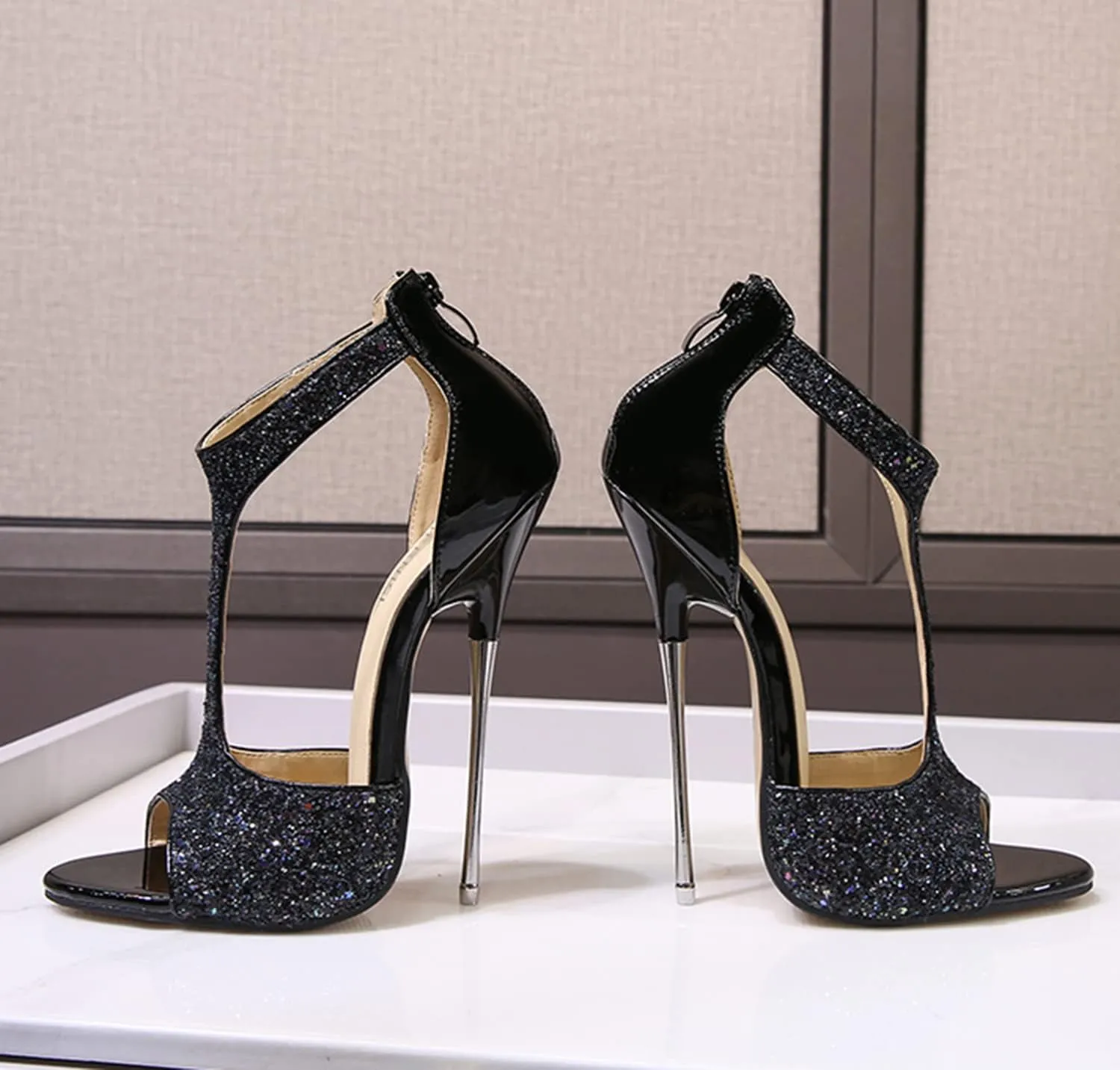 YHTootW 16CM/6.29IN Heels Stilettos High-Heeled Sandals Glitter Crystal Sequined Stilettos High Heels T-Strap Sandals Metal Heel Plus Size Dress Up Nightclub Sexy Catwalk