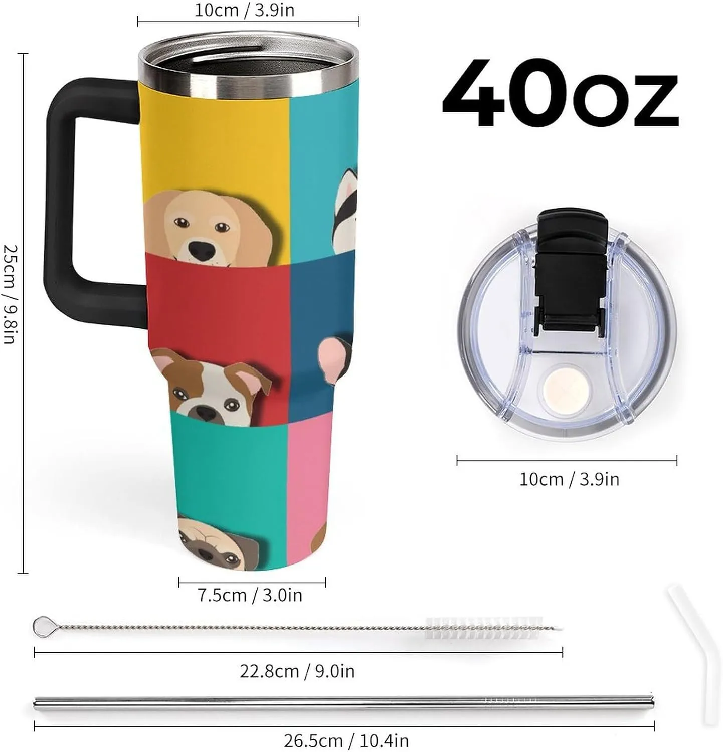 Yin Yang Theme,40 oz tumbler with handle and Straw Lid,Yin Yang Circle Cosmos and Energy,Leak-proof Silicone Boot Straw Cover Cap Travel Stainless Steel Water Bottle,Red,Black handle