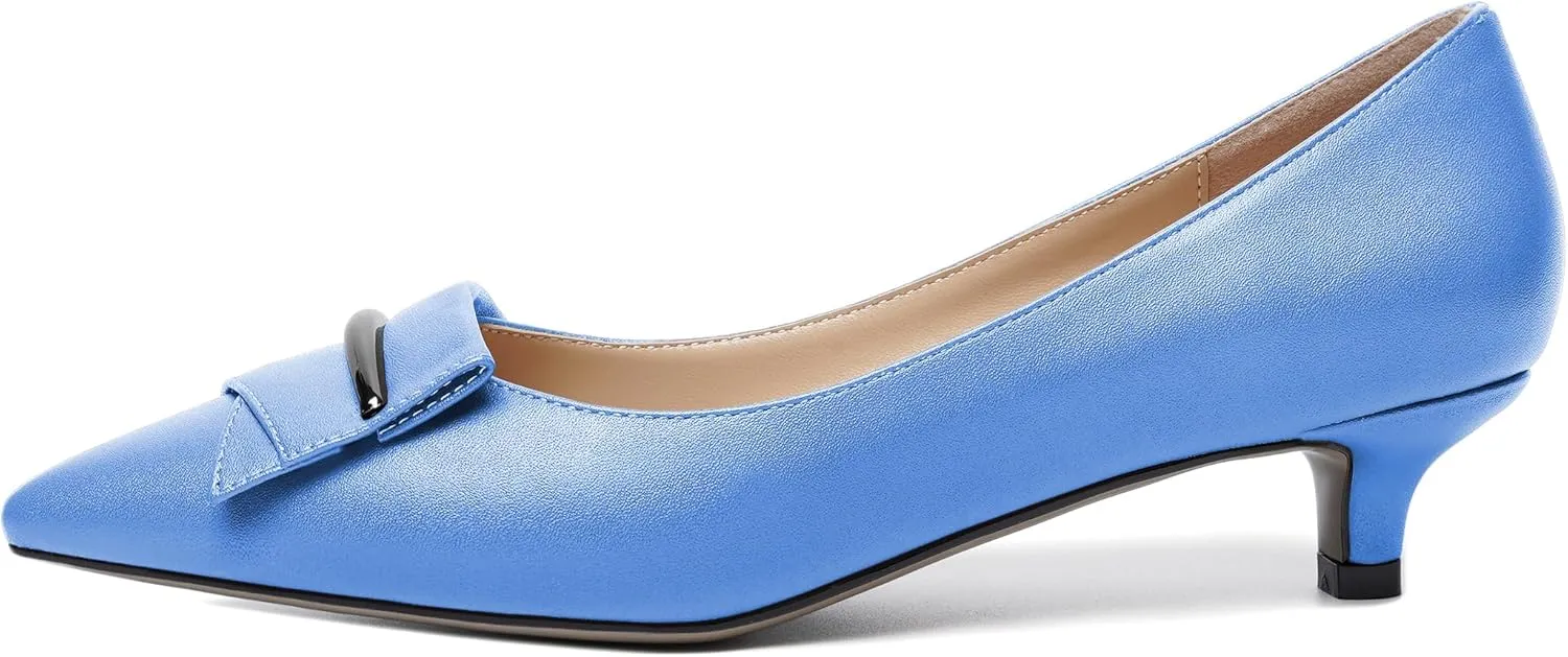 YODEKS Women Low Kitten Heel Pumps Pointed Toe Slip On 1.5 Inch Closed Toe Buckle Bow Comfort Shoes for Wedding Office Evening
