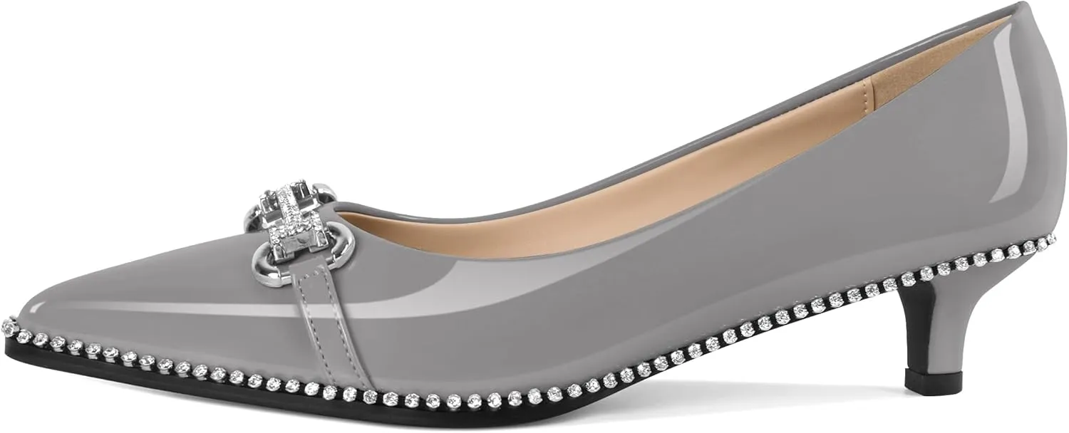 YODEKS Women Low Kitten Heel Pumps Slip On 1.5 Inch Pointed Toe Rhinestones Buckle Shoes Size 5-13