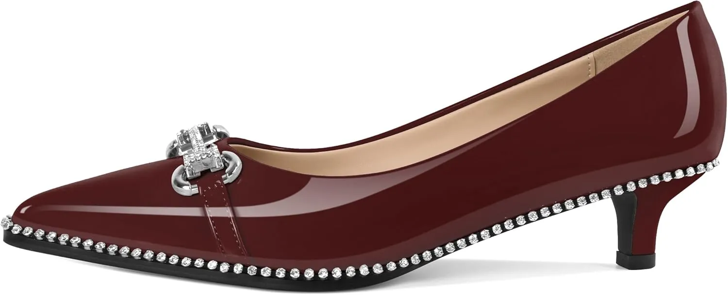YODEKS Women Low Kitten Heel Pumps Slip On 1.5 Inch Pointed Toe Rhinestones Buckle Shoes Size 5-13