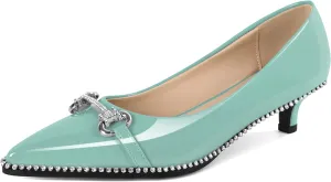 YODEKS Women Low Kitten Heel Pumps Slip On 1.5 Inch Pointed Toe Rhinestones Buckle Shoes Size 5-13