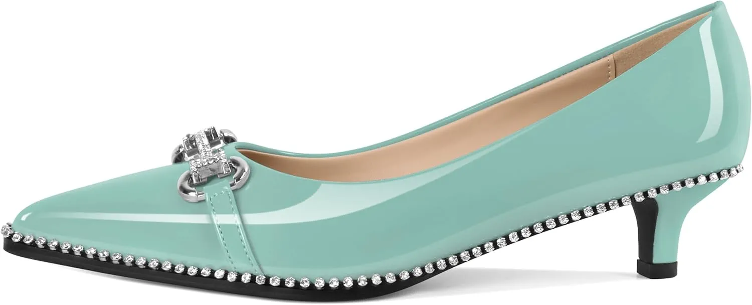 YODEKS Women Low Kitten Heel Pumps Slip On 1.5 Inch Pointed Toe Rhinestones Buckle Shoes Size 5-13