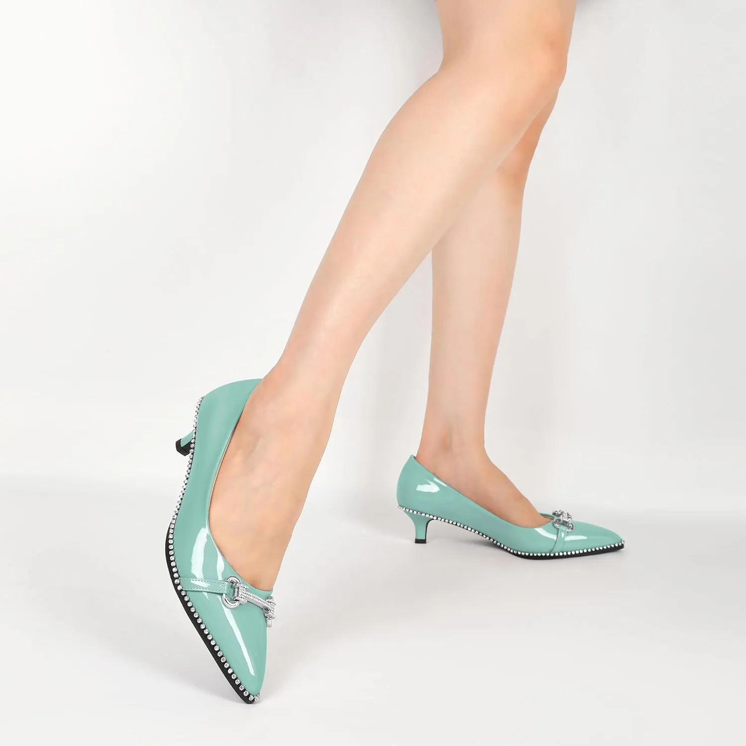 YODEKS Women Low Kitten Heel Pumps Slip On 1.5 Inch Pointed Toe Rhinestones Buckle Shoes Size 5-13