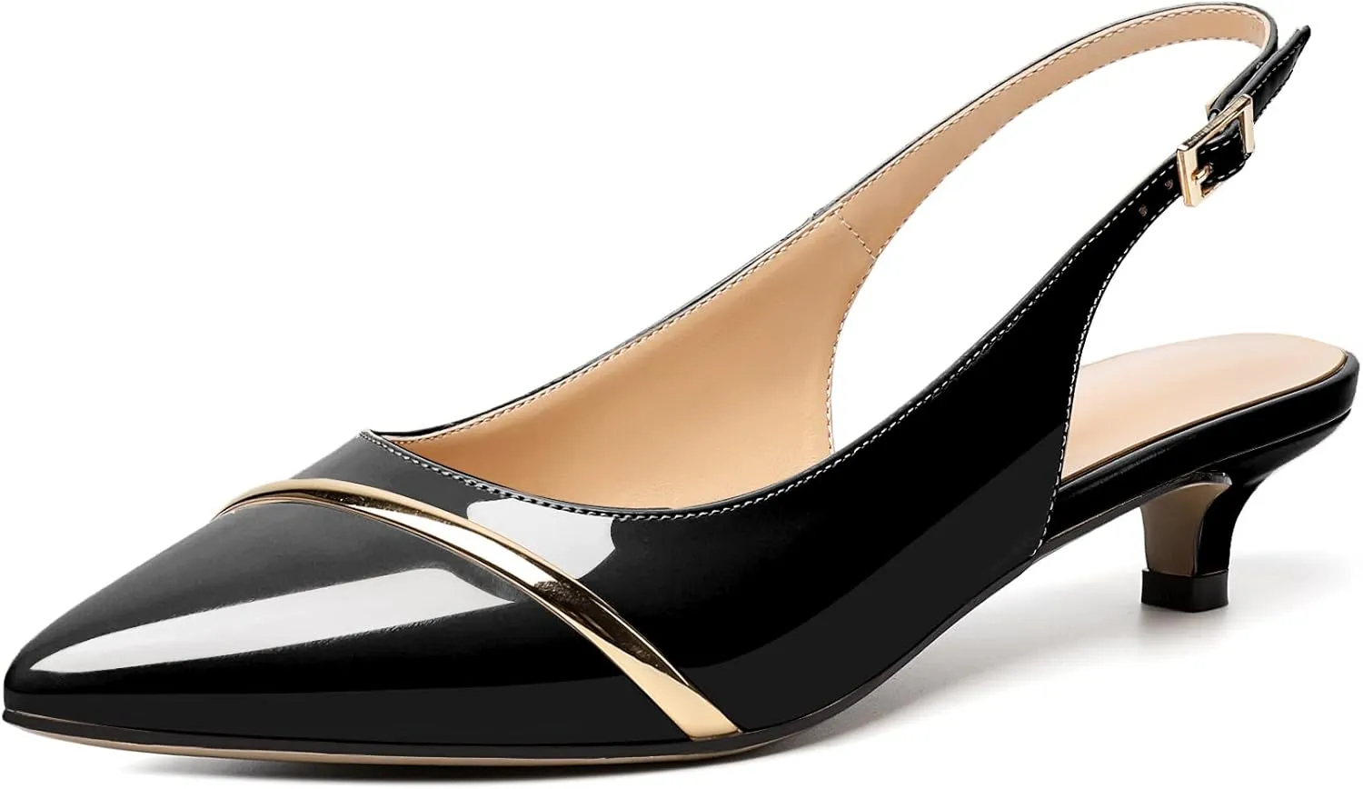 Zamikoo Women Slingback Pumps Kitten Heels Pointed Toe 1.5 Inches Retro Instep Gold Strap Patent Classic Dress Shoes US Size 5- Size 13
