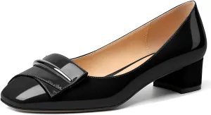 Zamikoo Women's Block Heel Pumps, Square Toe Slip-on Chunky Low Heels, Heeled Dress Shoes with Bow for Office Wedding Work Evening 1.5 Inches
