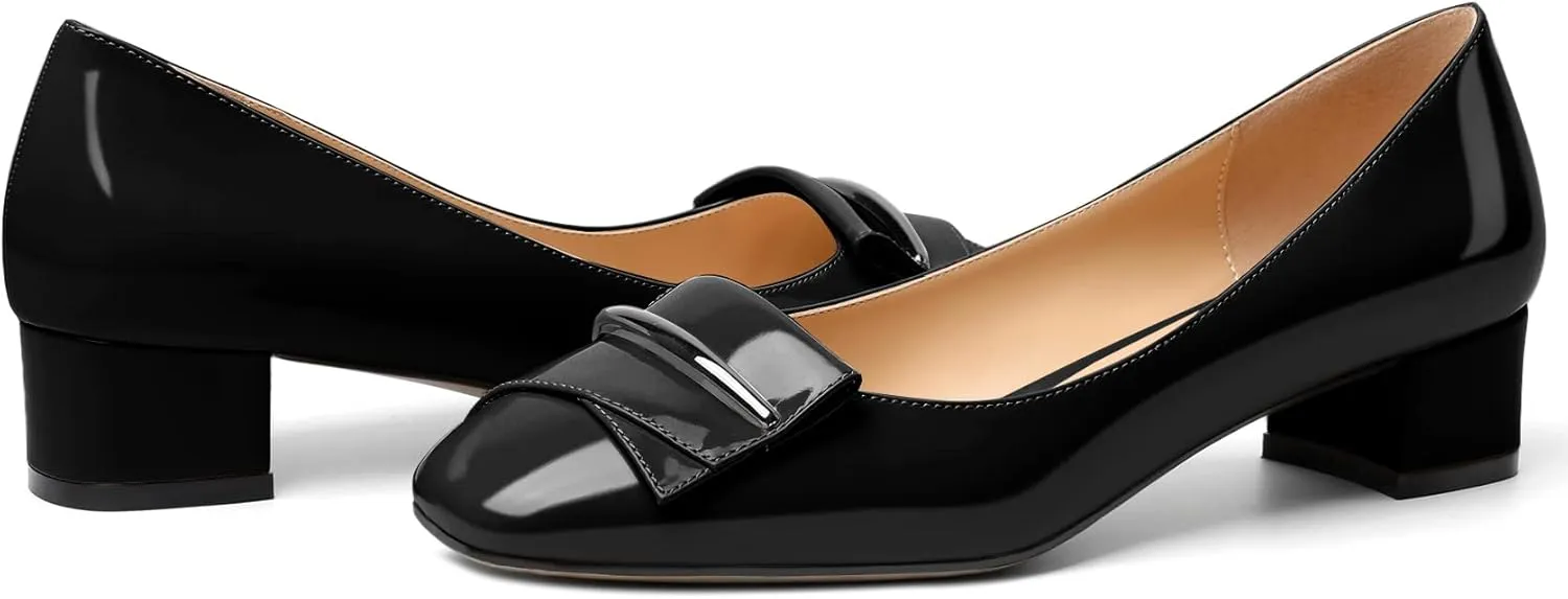 Zamikoo Women's Block Heel Pumps, Square Toe Slip-on Chunky Low Heels, Heeled Dress Shoes with Bow for Office Wedding Work Evening 1.5 Inches