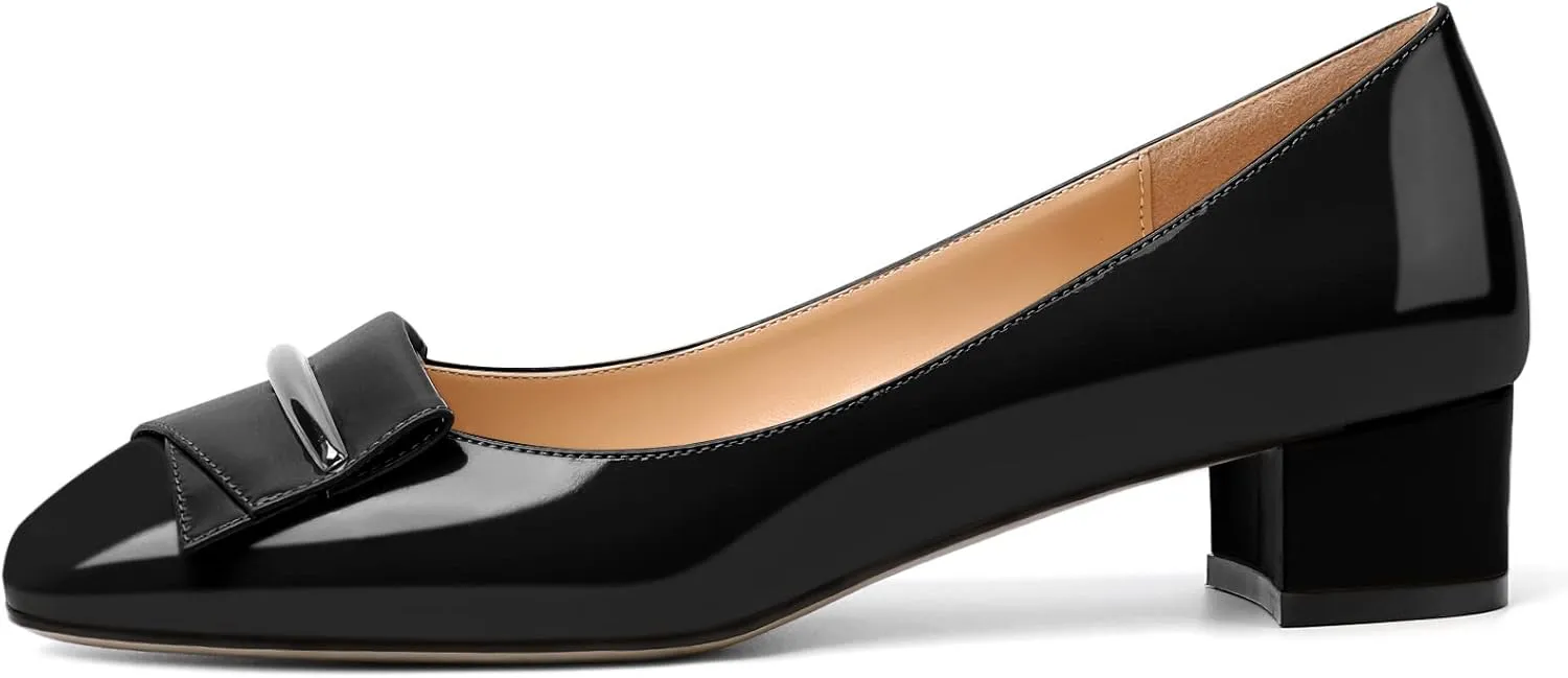 Zamikoo Women's Block Heel Pumps, Square Toe Slip-on Chunky Low Heels, Heeled Dress Shoes with Bow for Office Wedding Work Evening 1.5 Inches