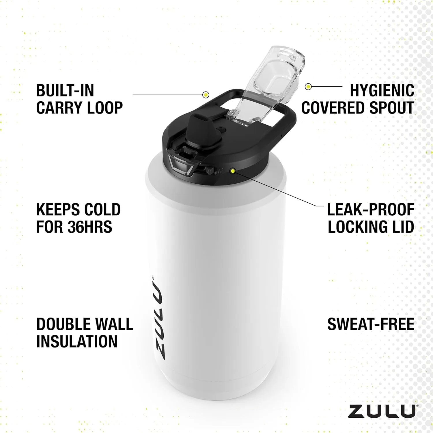 ZULU Goals Vacuum Insulated Large Capacity Stainless Steel Water Bottle | Reusable Jug Thermoses with Carry Handle | Leak-Proof Lid | Perfect for Travel, Workout, Gym, Hiking, Camping | 64oz, 101oz